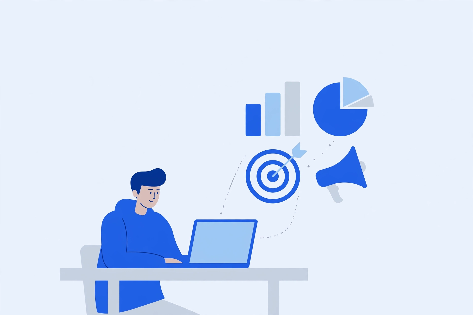 Ilustração de um profissional trabalhando no computador, com gráficos, um alvo e um megafone, representando campanhas de publicidade digital